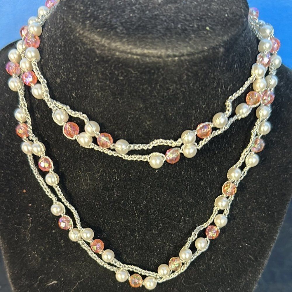 Handmade Pearl & Pink Bead Necklace Silver Thread Continuous Strand Boho Jewelry